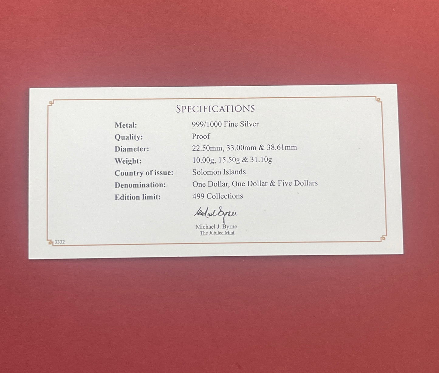 Elizabeth II,
Silver One Dollar, Five Dollar,
3 Coin Proof Set,
Platinum Jubilee Fine Silver Proof Set,
Solomon Islands,
With COA
2021 (B)