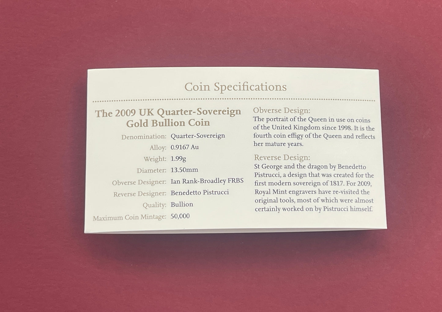 Elizabeth II,
Gold Quarter Sovereign Boxed Set,
Gold Bullion,
With COA,
2009 (B)