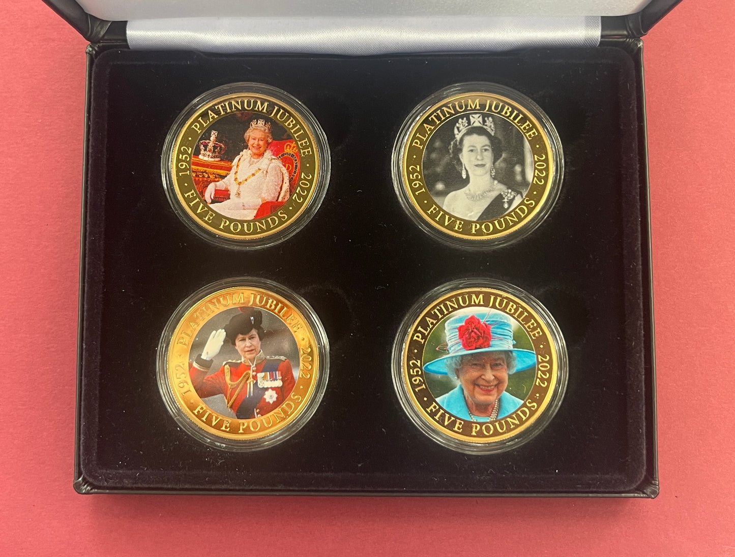 Elizabeth II,
Five Pound Coin Set,
£5, 4 Coin Set,
Queen’s Platinum Jubilee 24ct Gold Plated Photographic,
Ascension Island,
With COA
2022 (B)