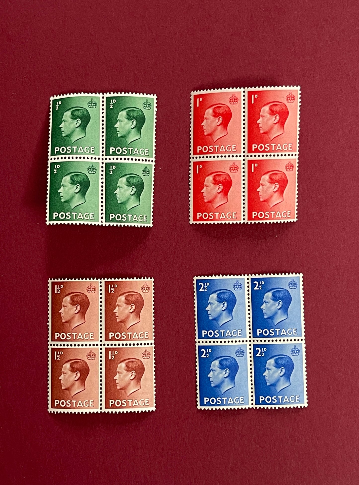 Edward VIII, Definitive Stamps, Quadruple Set of 4, Great Britain, 1936
