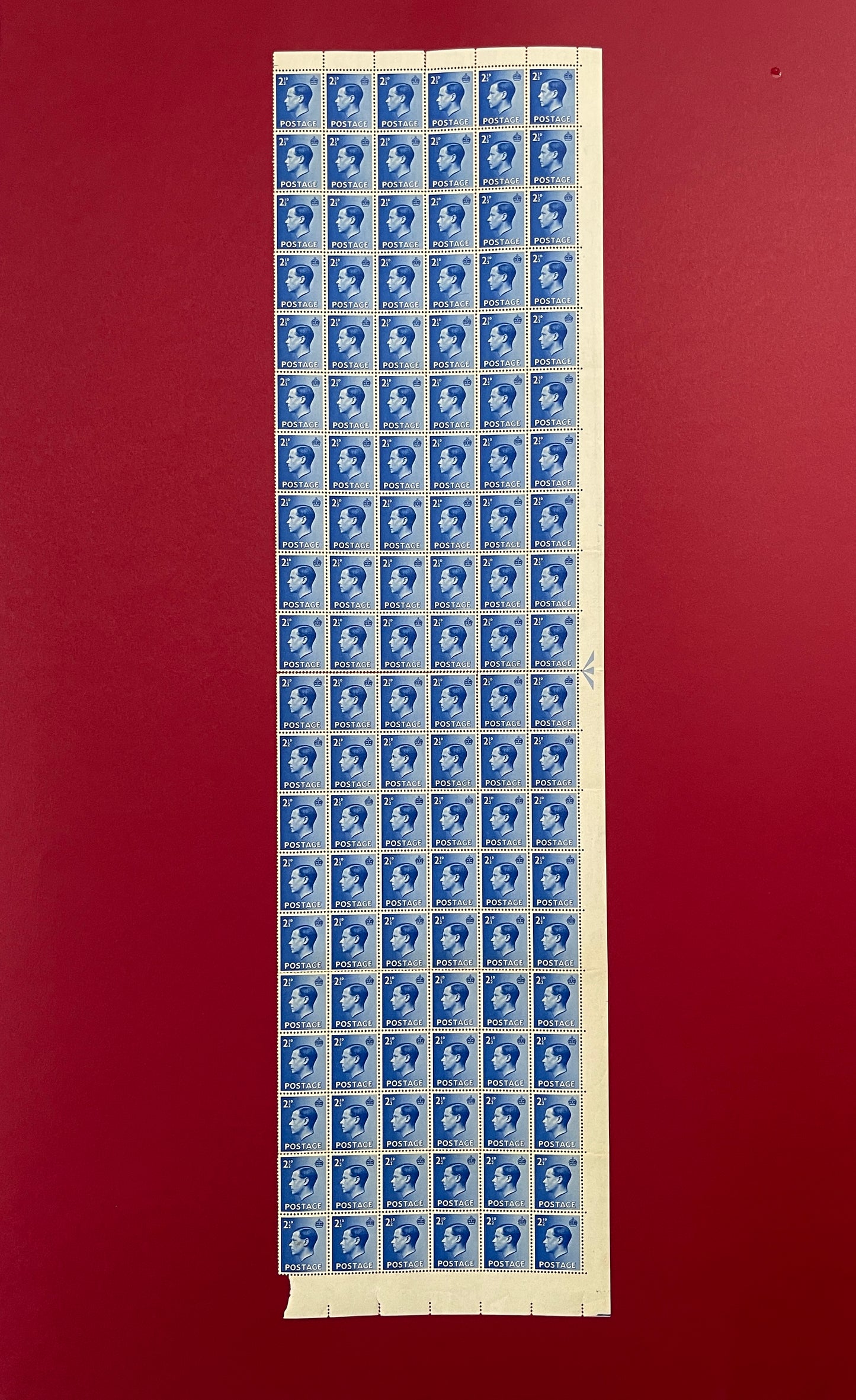 Edward VIII,
Definitive Stamps Set,
120 Blue Stamp,
2 and 1/2D,
Half Sheet,
Great Britain,
1936