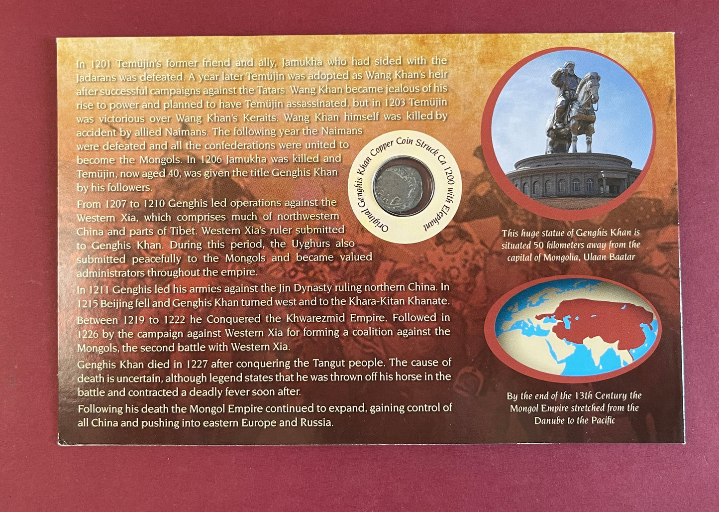 Genghis Khan, Copper Coin, Mongol Empire, Mongolia, Presentation Set, ca. 1200 (N)