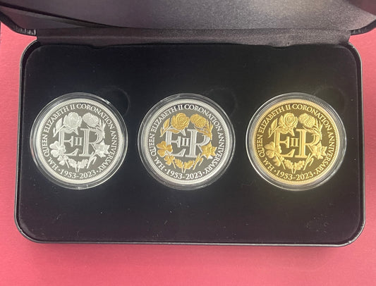 Elizabeth II,
Half Dollar,
Silver Gold Plated 3 Coin Set,
70th Anniversary of the Queens Coronation,
Solomon Islands,
With COA,
2023 (B)