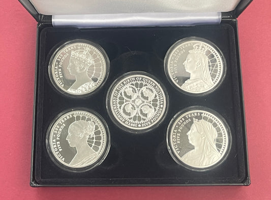 Elizabeth II,
Five Pound Set,
£5, Silver Plated 5 Coin Set,
200th Anniversary of Queen Victoria,
Alderney,
With COA,
2019 (B)