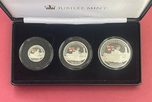 Elizabeth II,

Silver One, Two and Five Pound Proof Set,

Silver £1, £2, £5, 3 Coin Proof Set,

Royal National Lifeboat Institution,

Alderney,

With COA

2021 (B)