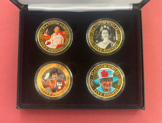 Elizabeth II,

Five Pound Coin Set,

£5, 4 Coin Set,

Queen’s Platinum Jubilee 24ct Gold Plated Photographic,

Ascension Island,

With COA

2022 (B)