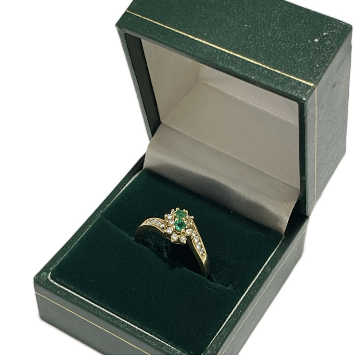 18CT Gold Double Cluster Emerald and Diamond Ring Size P - 3.5g with Stones Jewellery