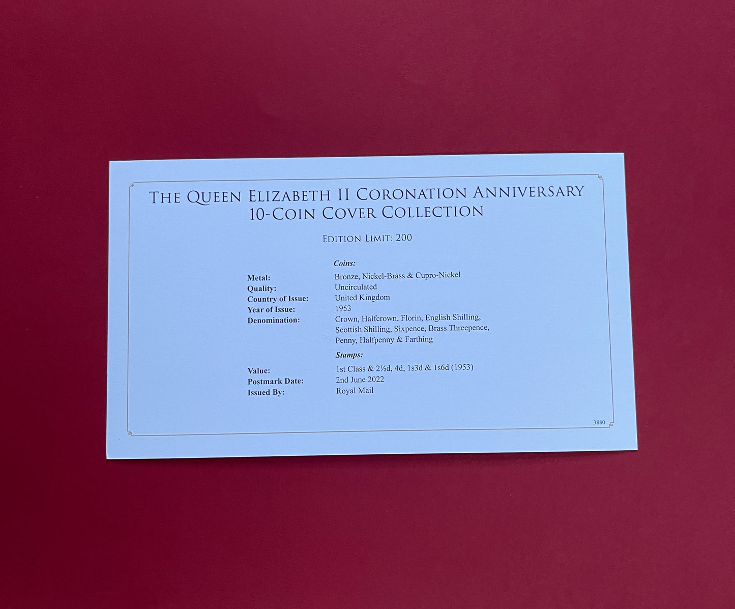 Elizabeth II,
10 Coin Cover 1953 Collection Set,
Queen Elizabeth II Coronation Anniversary,
Uncirculated,
With COA,
2022 (B)