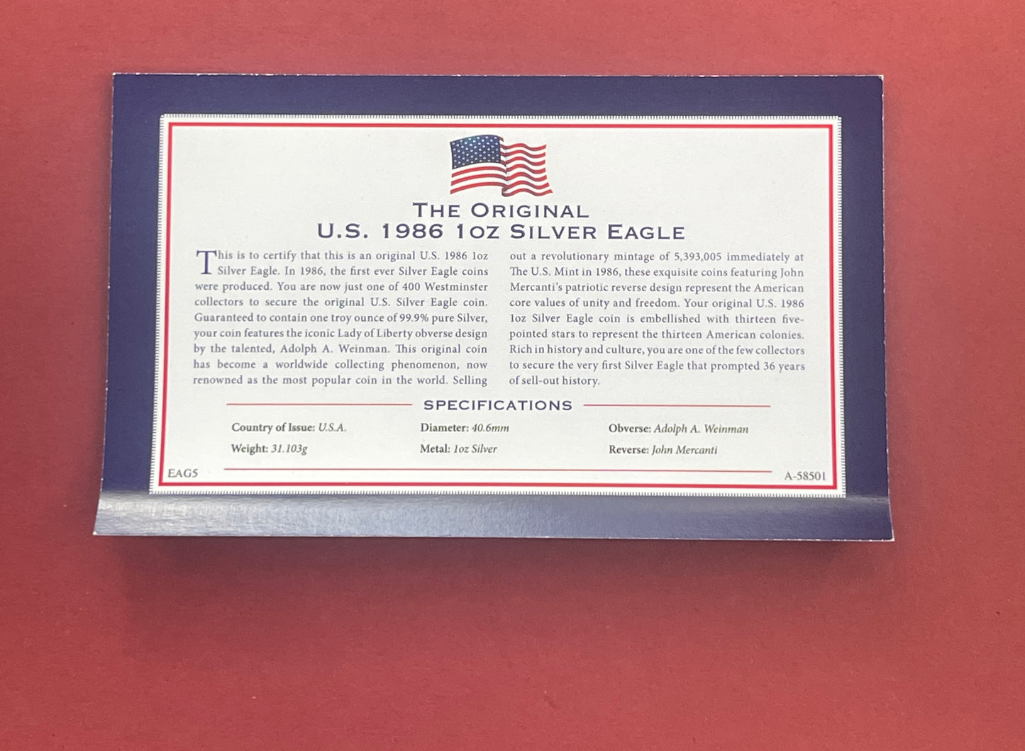 United States of America,
Silver One Dollar 1oz,
Silver $1 One Ounce,
USA Silver Eagle Boxed Set,
With COA
1986 (B)