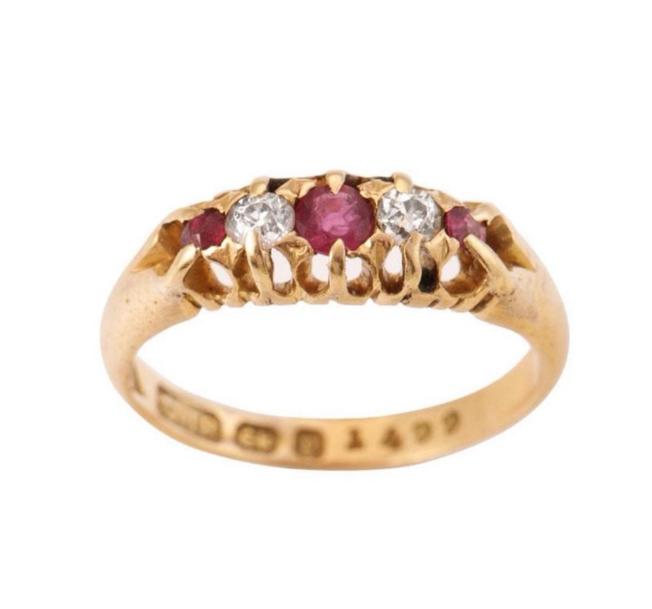 Victorian 18ct Gold Ring with Ruby and Diamond, Hallmarked Birmingham 1898, Size K Jewellery