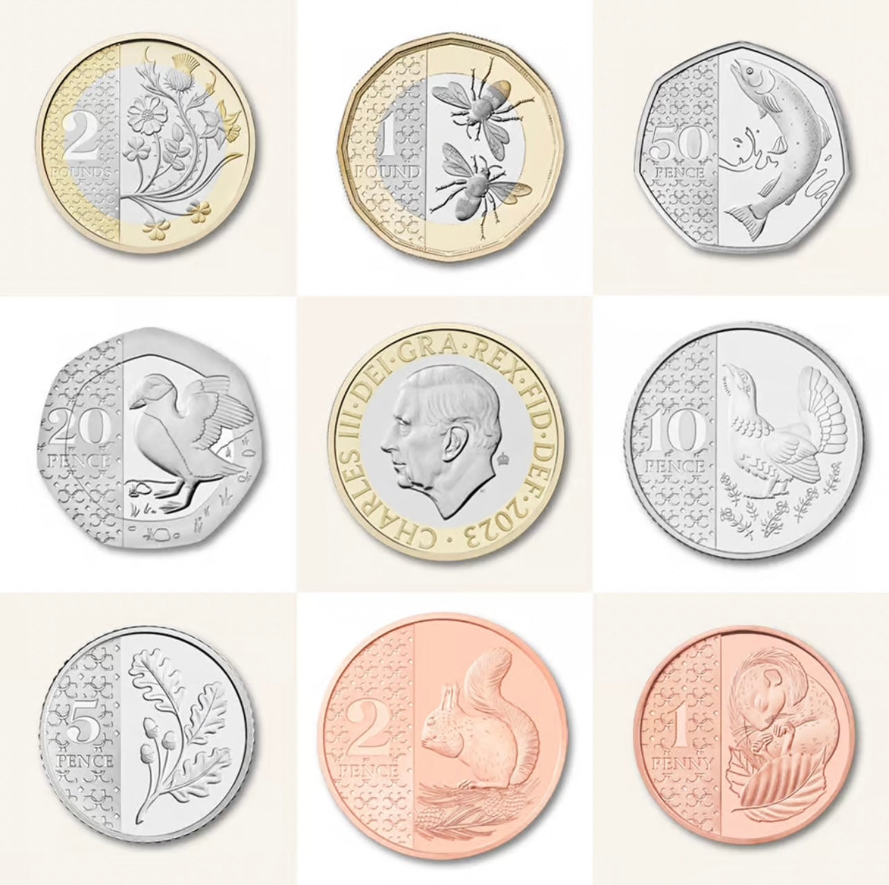 King Charles III,
£2, £1, 50p, 20p, 10p, 5p, 2p, 1p,
Definitive coin set,
2023 (B)
