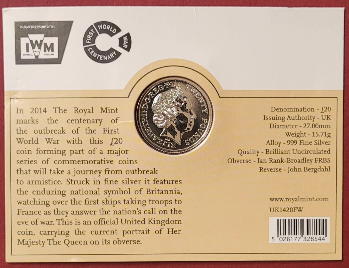 Elizabeth II 
£20 Sterling Silver 2014 Outbreak Commemorative coin (B)