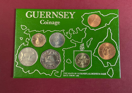 Elizabeth II,  Guernsey Coinage Set  Cased, Uncirculated,  Set of 7 Coins,  Bailiwick of Guernsey,  1979-1983 (B)