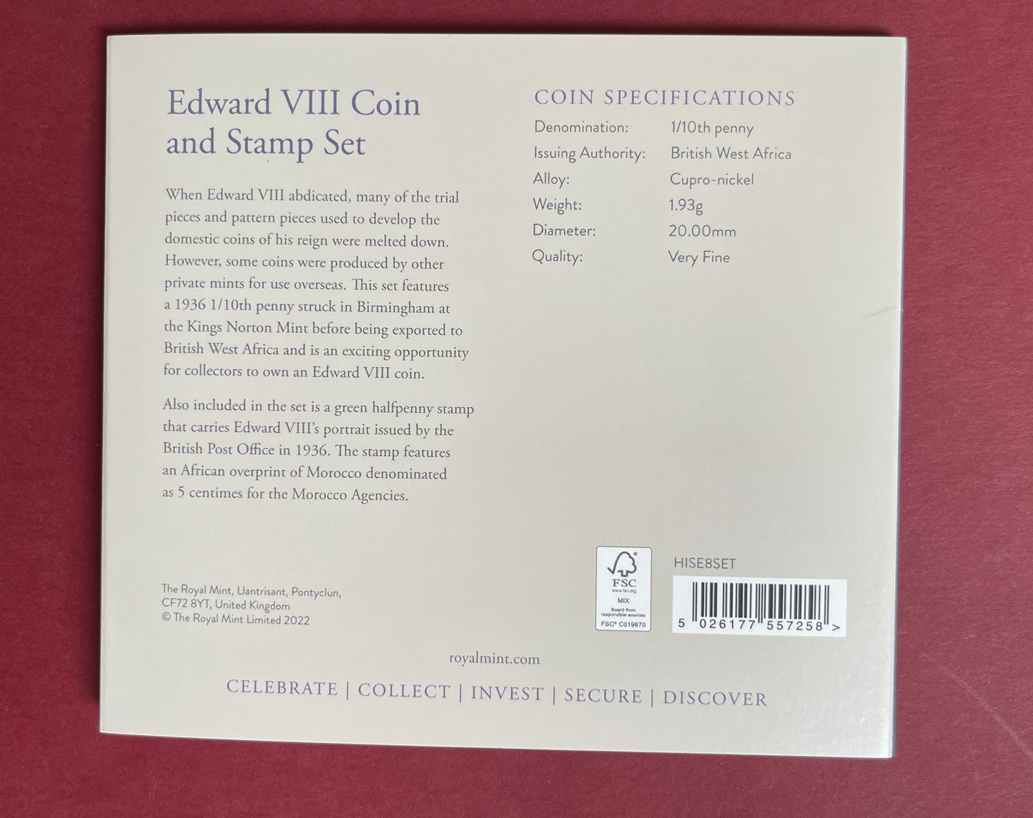 Edward VIII,  1/10th Penny (Coin and Stamp Set)  British West Africa,  1936 (B)