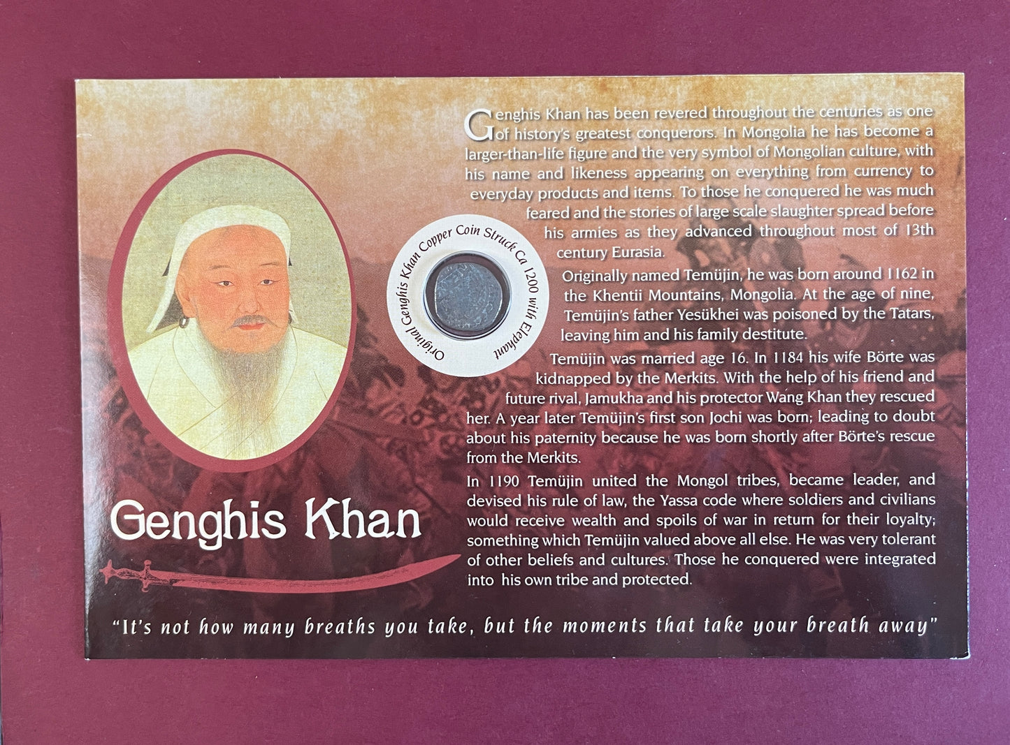 Genghis Khan,  Copper Coin,  Mongol Empire, Mongolia,  Presentation Set,  ca. 1200 (N)